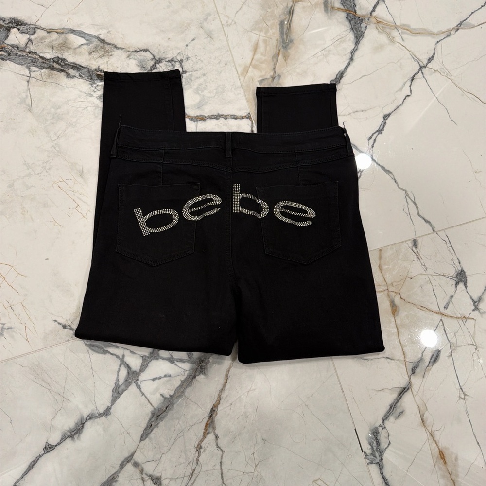 Bebe' Black Rhinestone Logo Stretch Jeans 32